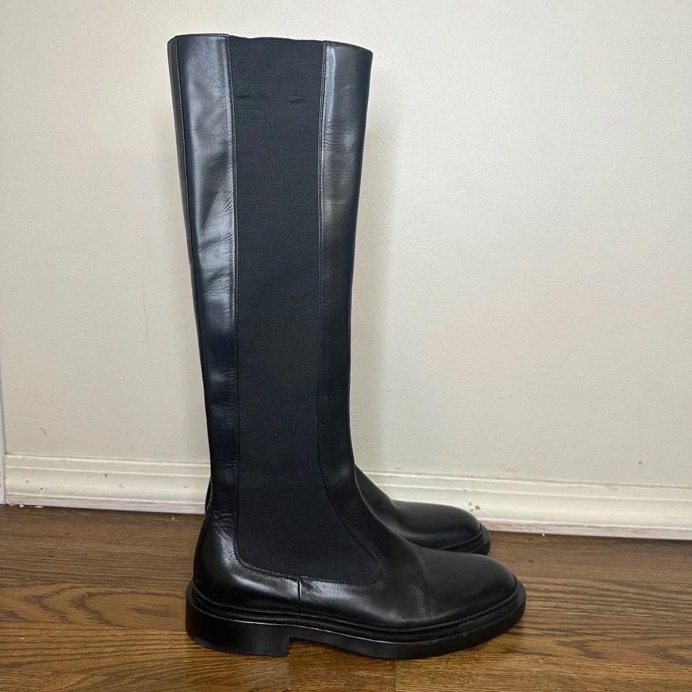 Jil Sander Black Leather Knee High Boots Elastic Sides‎ 39.5 New w/Imperfections